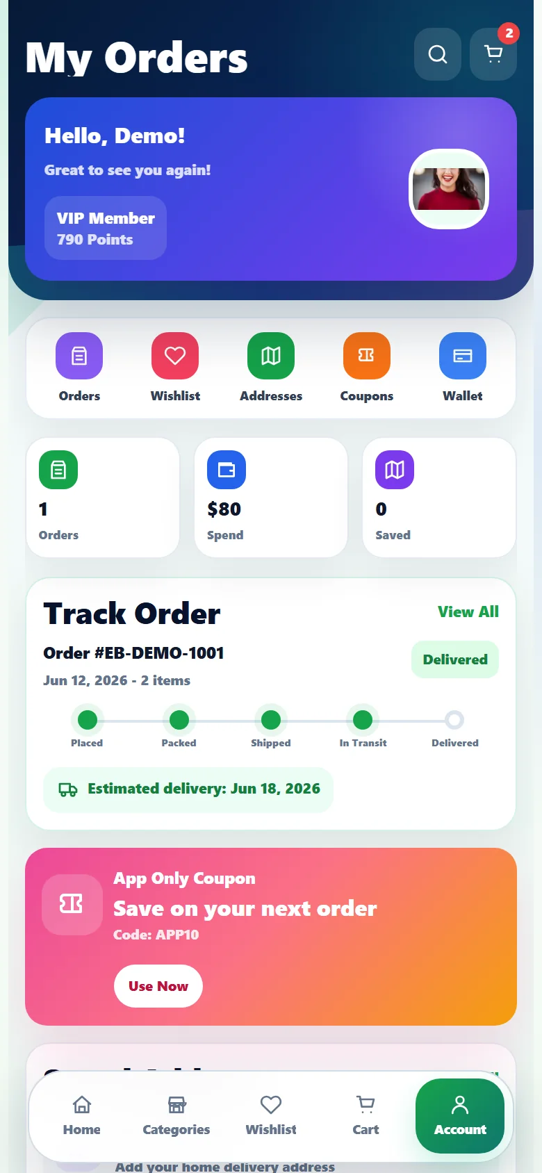 EcommBoost Android mobile app account screen