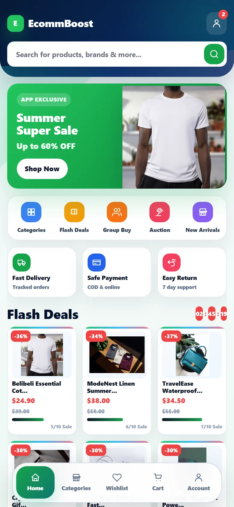 EcommBoost Android mobile app home screen