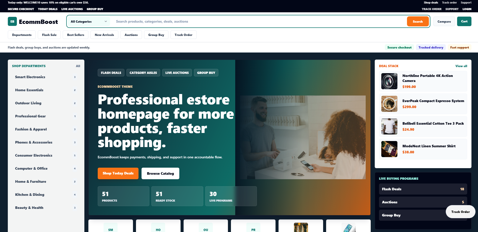 EcommBoost ecommerce software homepage and storefront preview