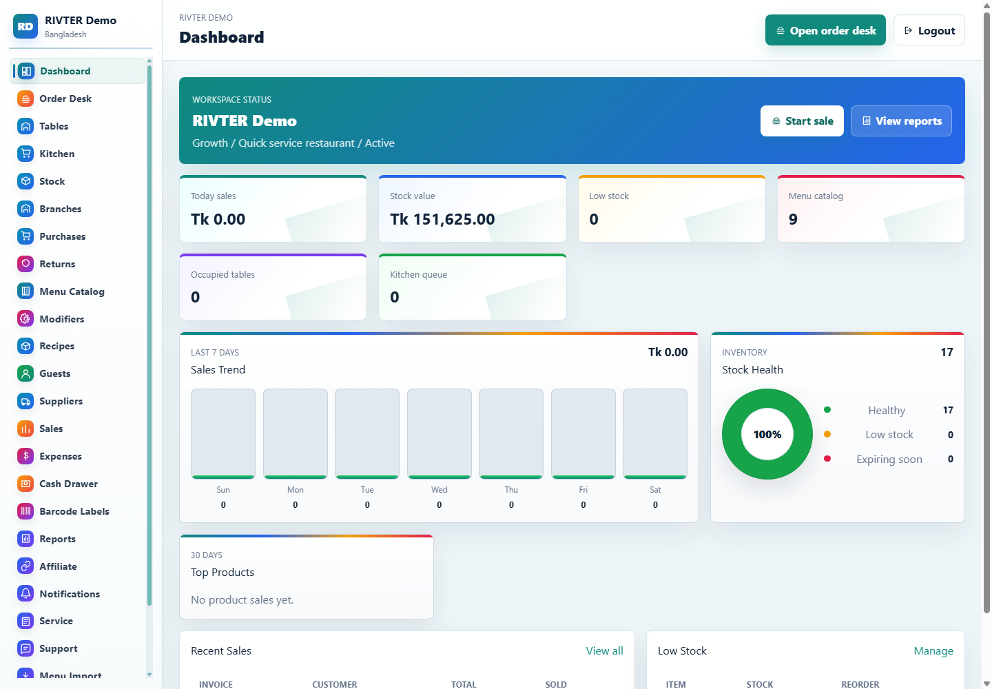 RIVTER Restaurant POS dashboard with sales stock menu catalog kitchen queue and reports